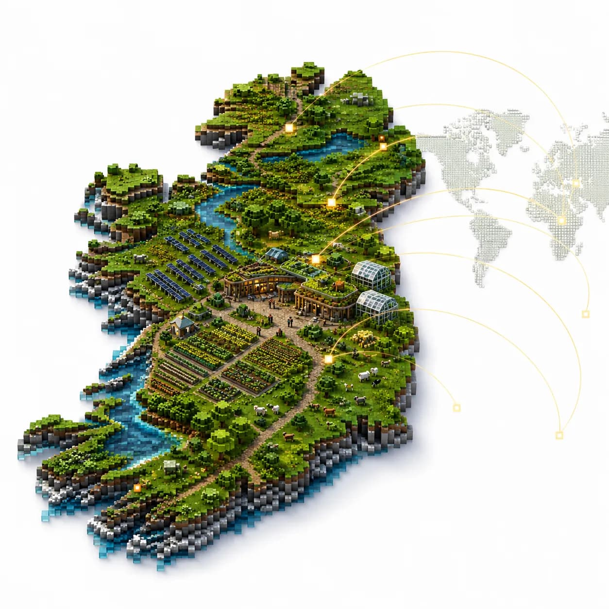 A Minecraft-style Ireland filled with farms, renewable energy, water, habitats and connected EatoVerse builds reaching across the world